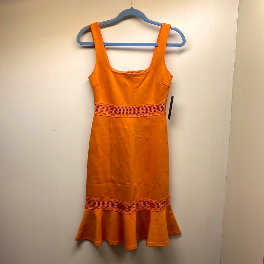 LULUS SZ XS NWT Bright Orange Fitted Cutout Lace Detail Ruffle Hem Summer Dress